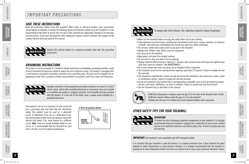 Important precautions, Other safety tips for your treadmill, Save these instructions | Grounding instructions, Warning | Horizon Fitness TREADMILL USER'S GUIDE T401 User Manual | Page 3 / 17