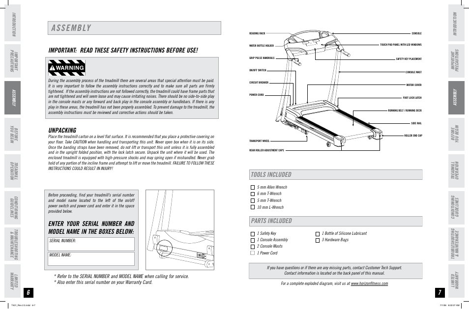 Assembly, Unpacking, Tools included | Parts included, Warning | Horizon Fitness TREADMILL USER'S GUIDE T401 User Manual | Page 4 / 17