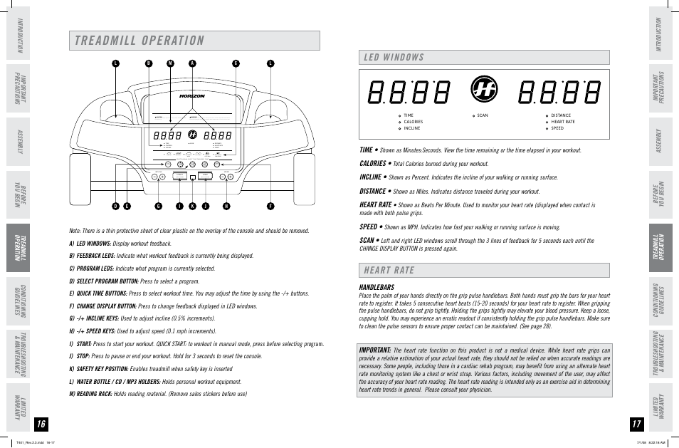 Treadmill operation, Led windows heart rate, Time | Calories, Incline, Distance, Heart rate, Speed, Scan, Handlebars | Horizon Fitness TREADMILL USER'S GUIDE T401 User Manual | Page 9 / 17