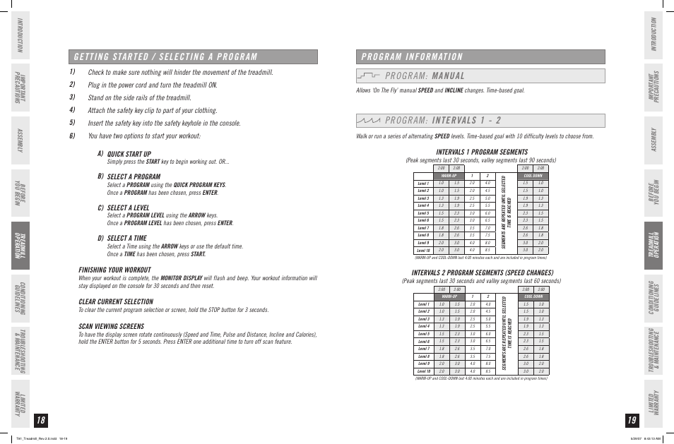 Getting started / selecting a program, Program information program: manual, Program: intervals 1 - 2 | Select a program, Select a level, Select a time, Finishing your workout, Clear current selection, Scan viewing screens, Intervals 1 program segments | Horizon Fitness T81 User Manual | Page 10 / 19