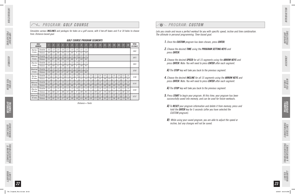 Program: golf course, Program: custom, Golf course program segments | Horizon Fitness T81 User Manual | Page 12 / 19