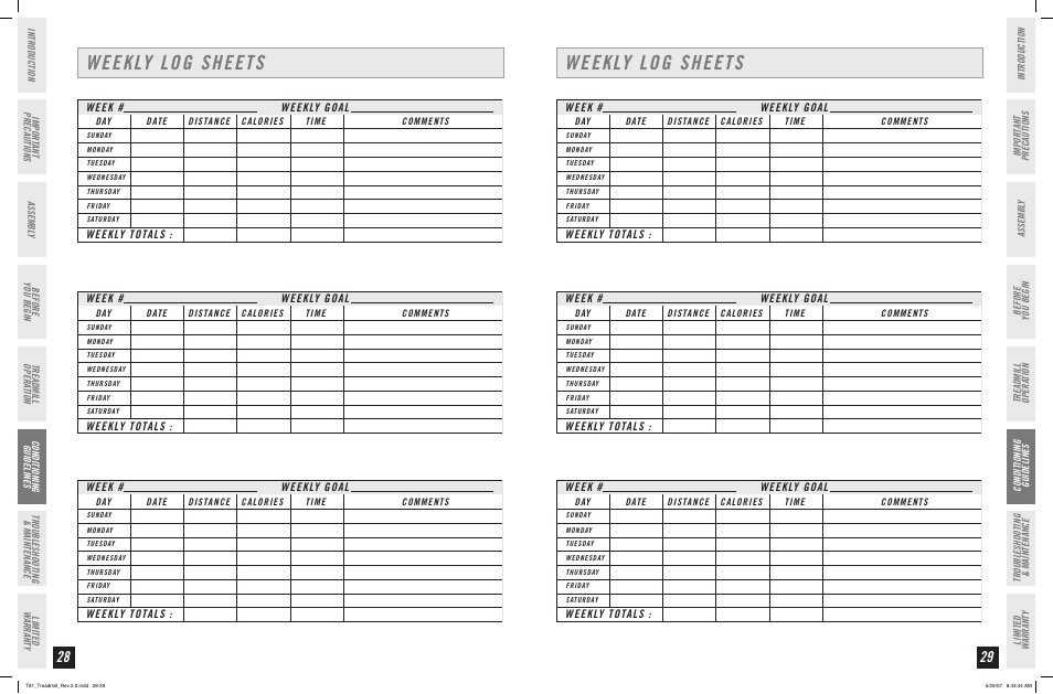 Weekly log sheets, Week # weekly goal weekly totals | Horizon Fitness T81 User Manual | Page 15 / 19