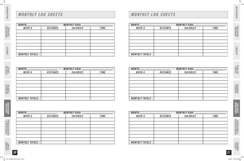 Monthly log sheets | Horizon Fitness T81 User Manual | Page 16 / 19