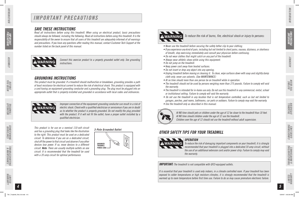 Important precautions, Other safety tips for your treadmill, Save these instructions | Grounding instructions, Warning | Horizon Fitness T81 User Manual | Page 3 / 19