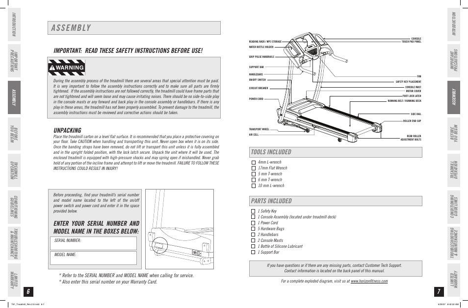 Assembly, Unpacking, Tools included parts included | Warning | Horizon Fitness T81 User Manual | Page 4 / 19