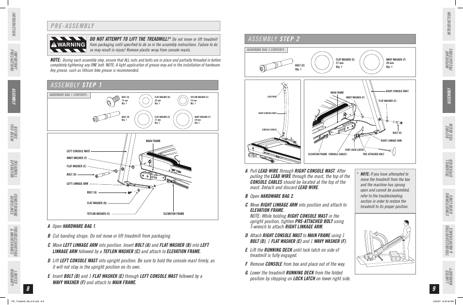 Pre-assembly assembly step 1, Assembly step 2, Warning | Horizon Fitness T81 User Manual | Page 5 / 19