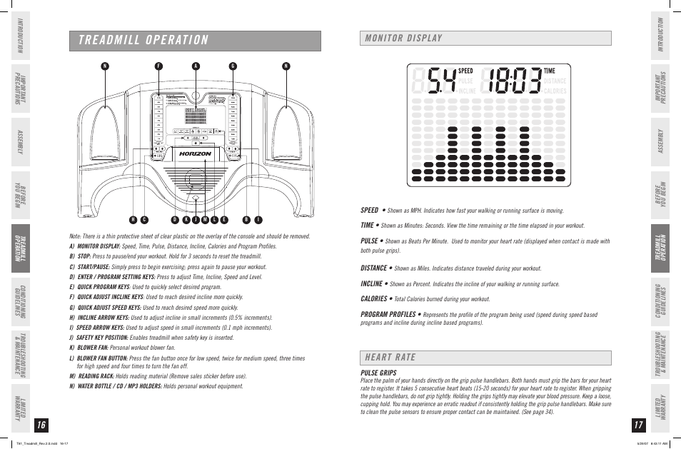 Treadmill operation, Monitor display, Heart rate | Horizon Fitness T81 User Manual | Page 9 / 19