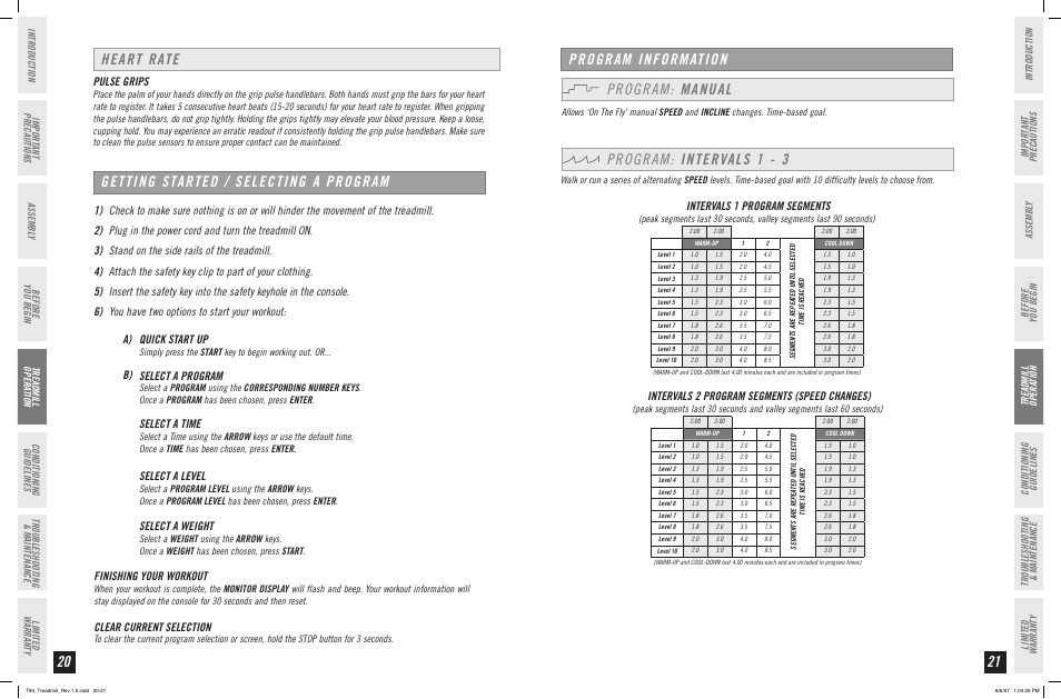 Program information program: manual, Program: intervals 1, Getting started / selecting a program | Heart rate, Select a program, Select a time, Select a level, Select a weight, Finishing your workout, Clear current selection | Horizon Fitness T84 User Manual | Page 11 / 21