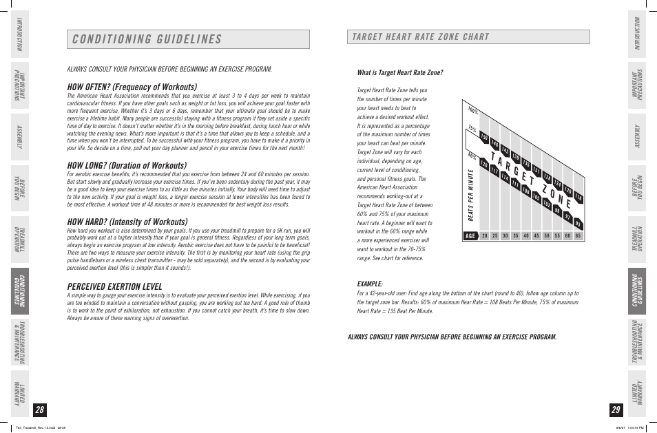 Conditioning guidelines, How often? (frequency of workouts), How long? (duration of workouts) | How hard? (intensity of workouts), Perceived exertion level, Target heart rate zone chart | Horizon Fitness T84 User Manual | Page 15 / 21