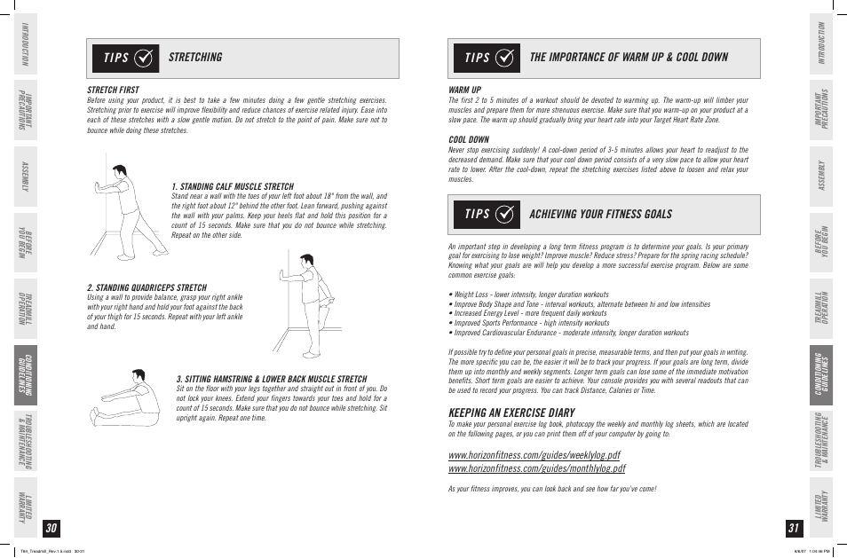 Tips, Stretching, Keeping an exercise diary | Horizon Fitness T84 User Manual | Page 16 / 21