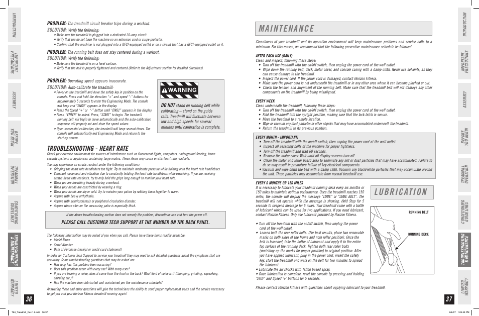 Maintenance, Lubrication, Troubleshooting - heart rate | Warning, Problem, Solution, Do not | Horizon Fitness T84 User Manual | Page 19 / 21