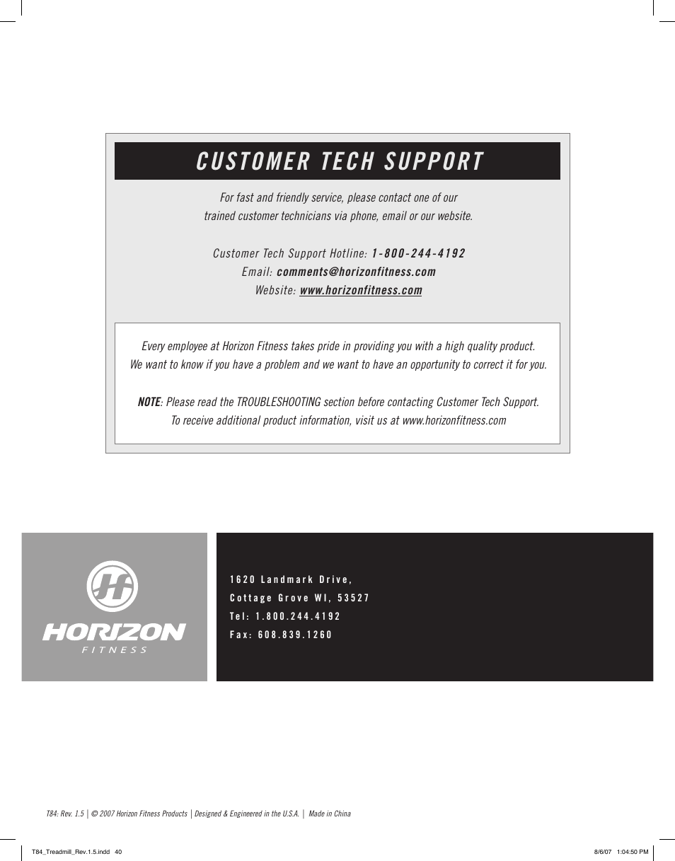 Customer tech support | Horizon Fitness T84 User Manual | Page 21 / 21