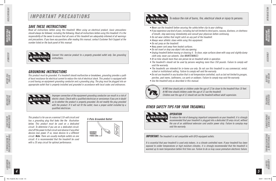 Important precautions, Other safety tips for your treadmill, Save these instructions | Grounding instructions, Warning | Horizon Fitness T84 User Manual | Page 3 / 21