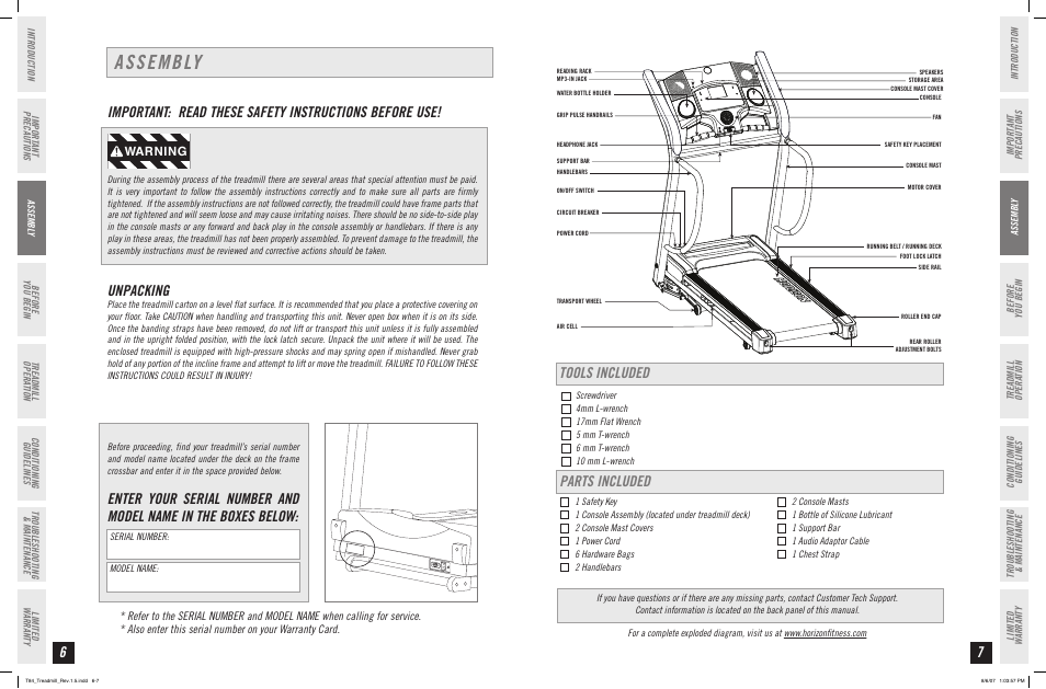 Assembly, Unpacking, Tools included parts included | Warning | Horizon Fitness T84 User Manual | Page 4 / 21