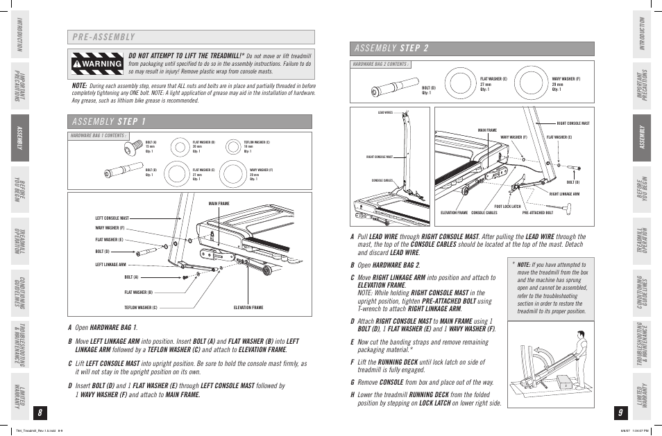 Pre-assembly assembly step 1, Assembly step 2, Warning | Do not attempt to lift the treadmill | Horizon Fitness T84 User Manual | Page 5 / 21