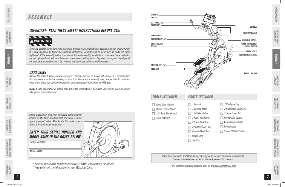 Assembly, Unpacking, Tools included parts included | Warning | Horizon Fitness ELLIPTICAL EX-76 User Manual | Page 4 / 23