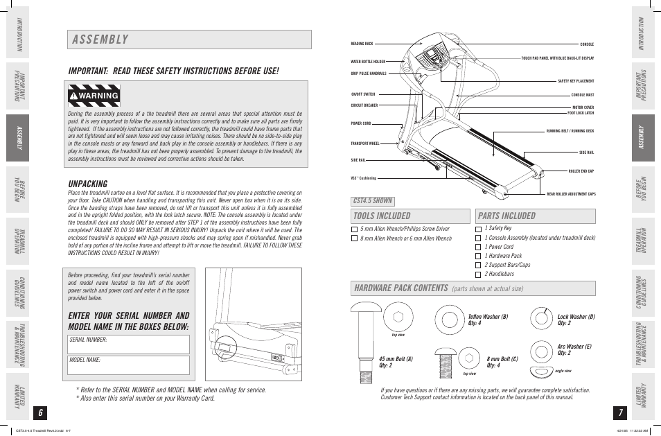 Assembly, Unpacking, Tools included | Parts included hardware pack contents, Warning, Cst4.5 shown, Parts shown at actual size) | Horizon Fitness CLUB SERIES CST4.5 User Manual | Page 4 / 17