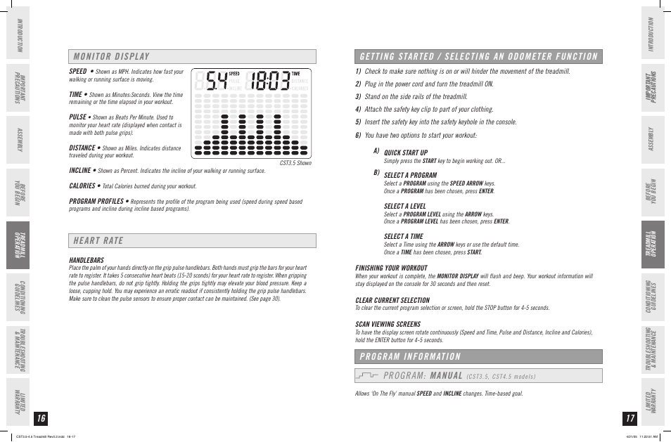 Monitor display heart rate, Getting started / selecting an odometer function, Program information program: manual | Horizon Fitness CLUB SERIES CST4.5 User Manual | Page 9 / 17