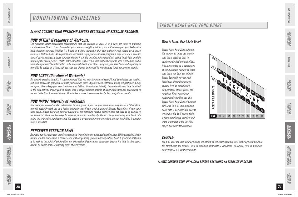 Conditioning guidelines, How often? (frequency of workouts), How long? (duration of workouts) | How hard? (intensity of workouts), Perceived exertion level, Target heart rate zone chart | Horizon Fitness E401 User Manual | Page 11 / 17