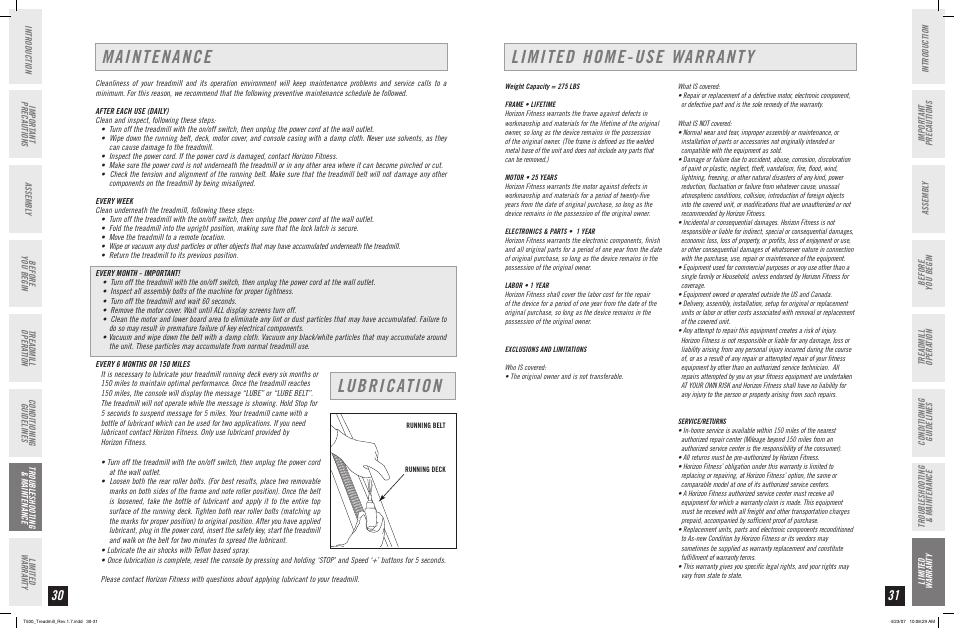 Maintenance, Lubrication, Limited home-use warranty | Horizon Fitness T500 User Manual | Page 16 / 17