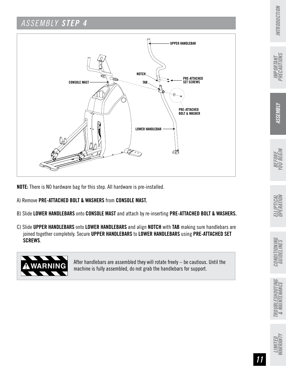 Assembly step 4, Warning | Horizon Fitness CLUB SERIES CSE3.6 User Manual | Page 11 / 40