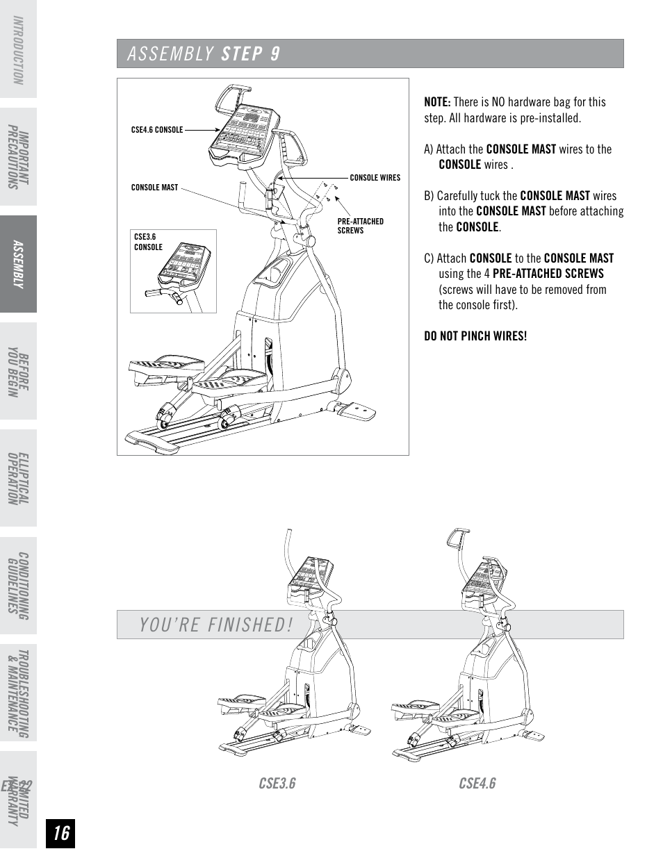 Assembly step, You’re finished | Horizon Fitness CLUB SERIES CSE3.6 User Manual | Page 16 / 40