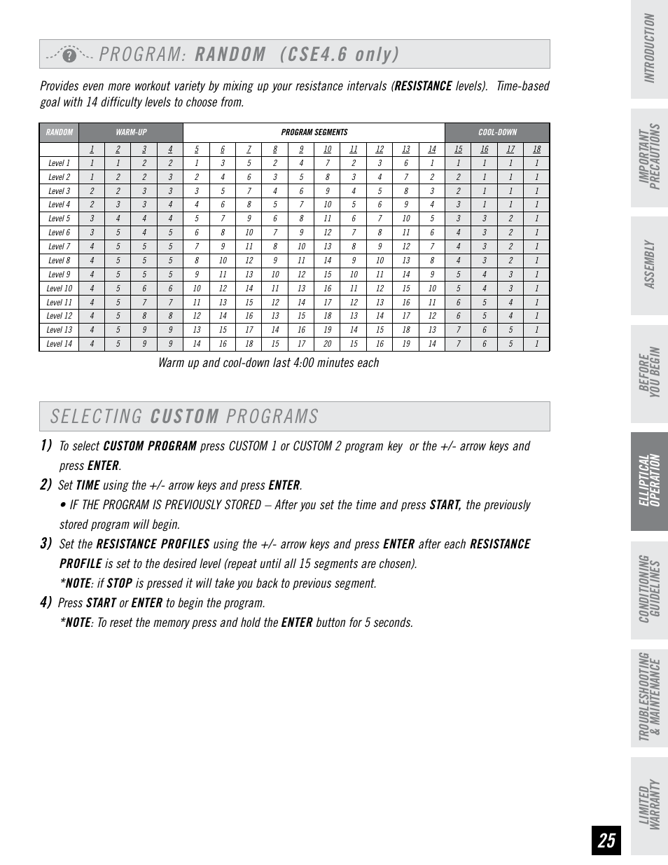 Selecting custom programs, Program: random (cse4.6 only), Before you begin assembl y | Warm up and cool-down last 4:00 minutes each | Horizon Fitness CLUB SERIES CSE3.6 User Manual | Page 25 / 40