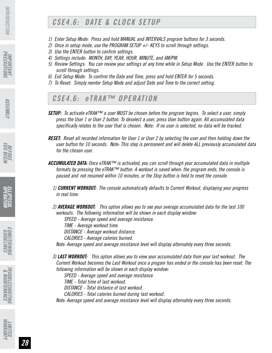 Cse4.6: date & clock setup, Cse4.6: etrak™ operation | Horizon Fitness CLUB SERIES CSE3.6 User Manual | Page 28 / 40