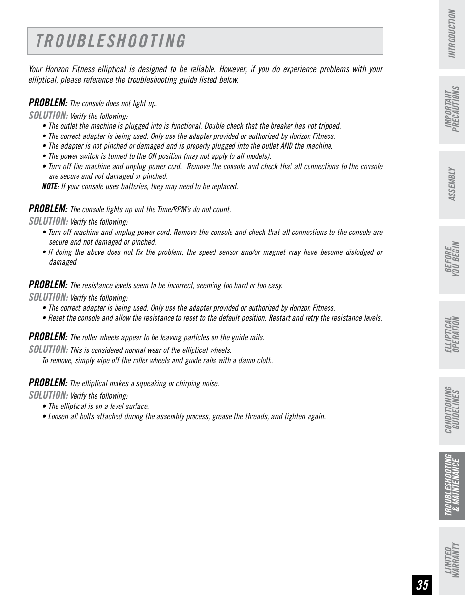 Troubleshooting | Horizon Fitness CLUB SERIES CSE3.6 User Manual | Page 35 / 40