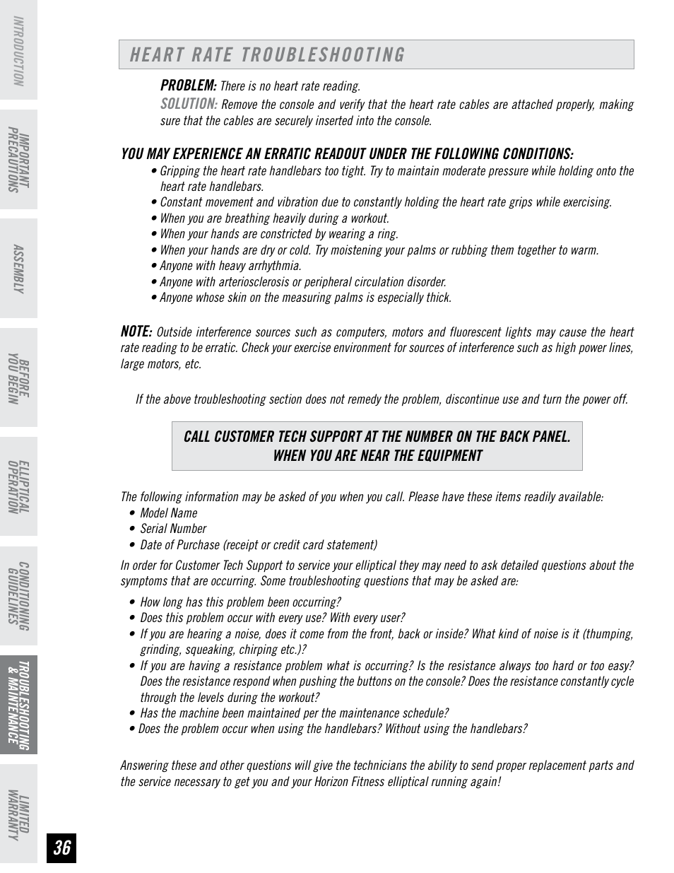 Heart rate troubleshooting | Horizon Fitness CLUB SERIES CSE3.6 User Manual | Page 36 / 40