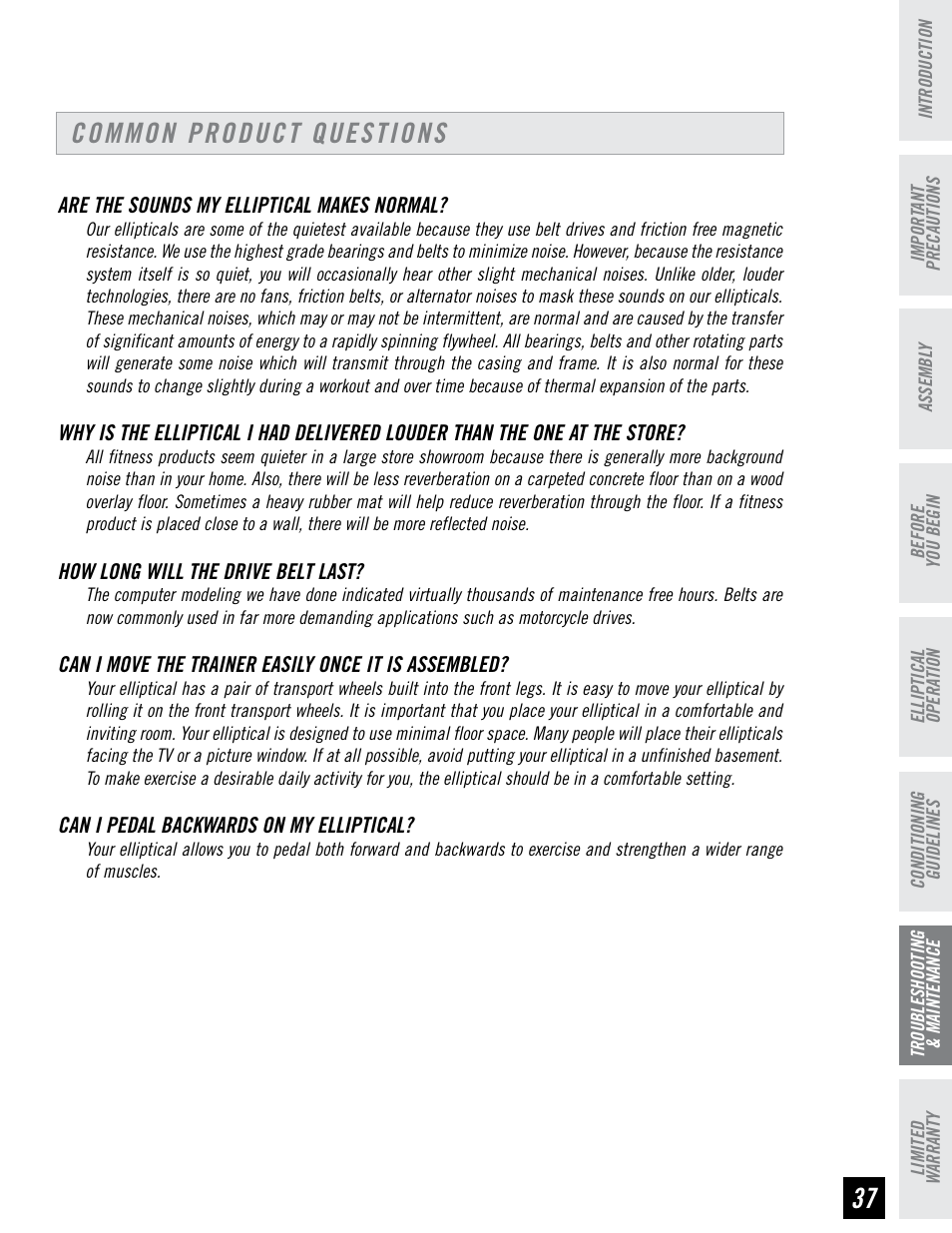 Common product questions | Horizon Fitness CLUB SERIES CSE3.6 User Manual | Page 37 / 40