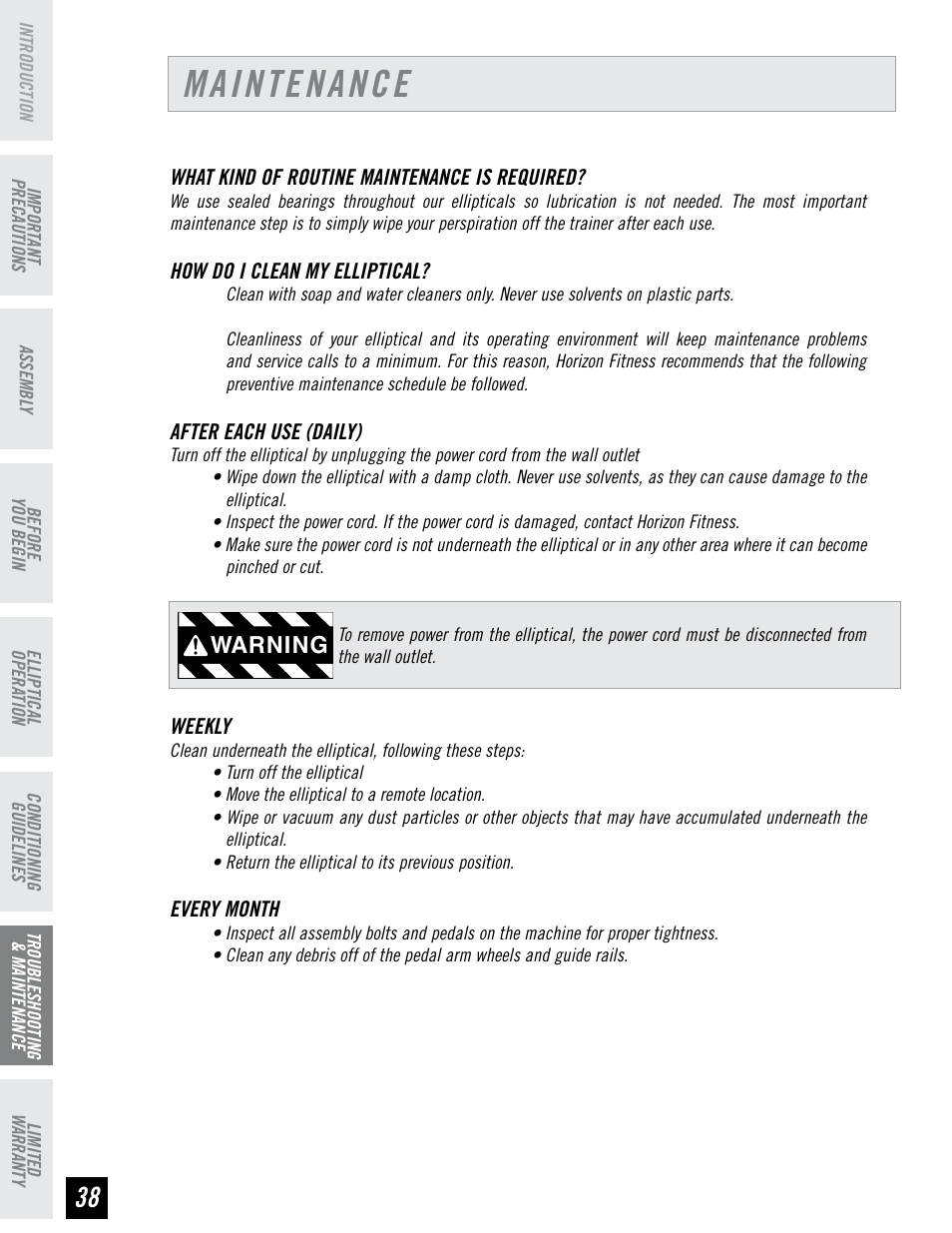 Maintenance, Warning | Horizon Fitness CLUB SERIES CSE3.6 User Manual | Page 38 / 40