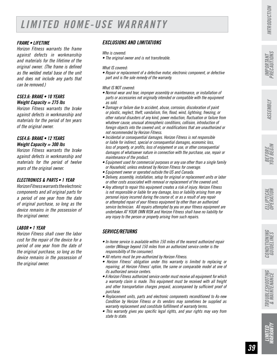 Limited home-use warranty | Horizon Fitness CLUB SERIES CSE3.6 User Manual | Page 39 / 40