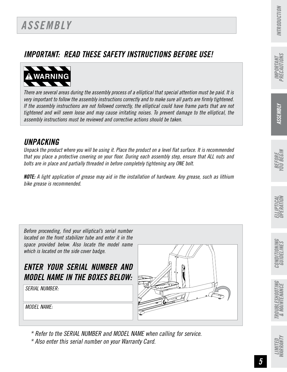 Assembly, Unpacking, Warning | Horizon Fitness CLUB SERIES CSE3.6 User Manual | Page 5 / 40
