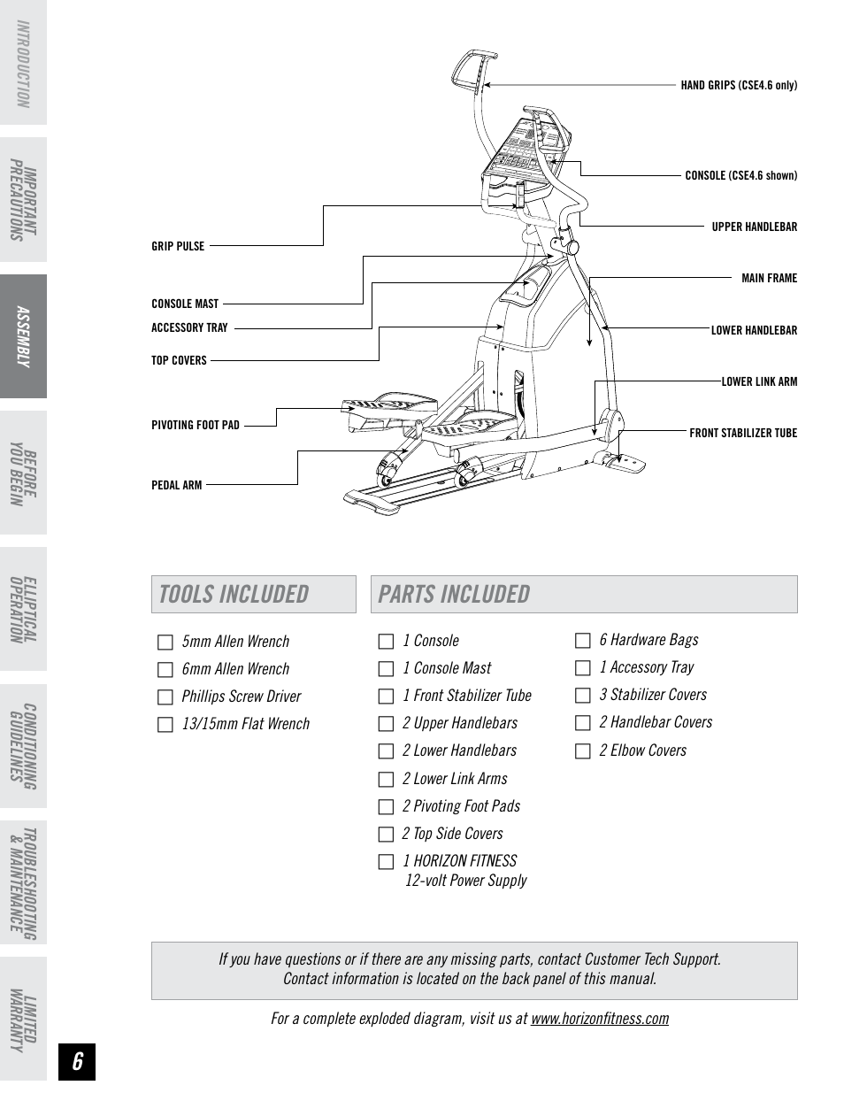 Tools included parts included | Horizon Fitness CLUB SERIES CSE3.6 User Manual | Page 6 / 40