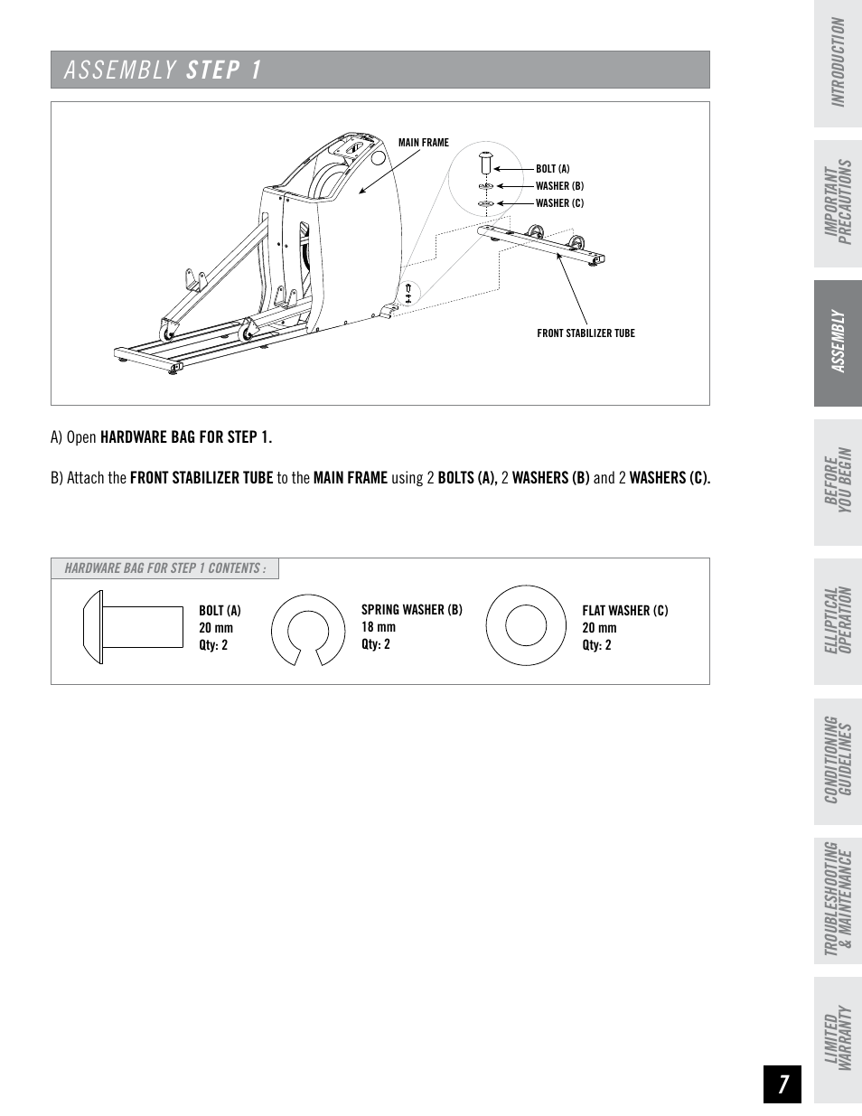 Assembly step 1 | Horizon Fitness CLUB SERIES CSE3.6 User Manual | Page 7 / 40