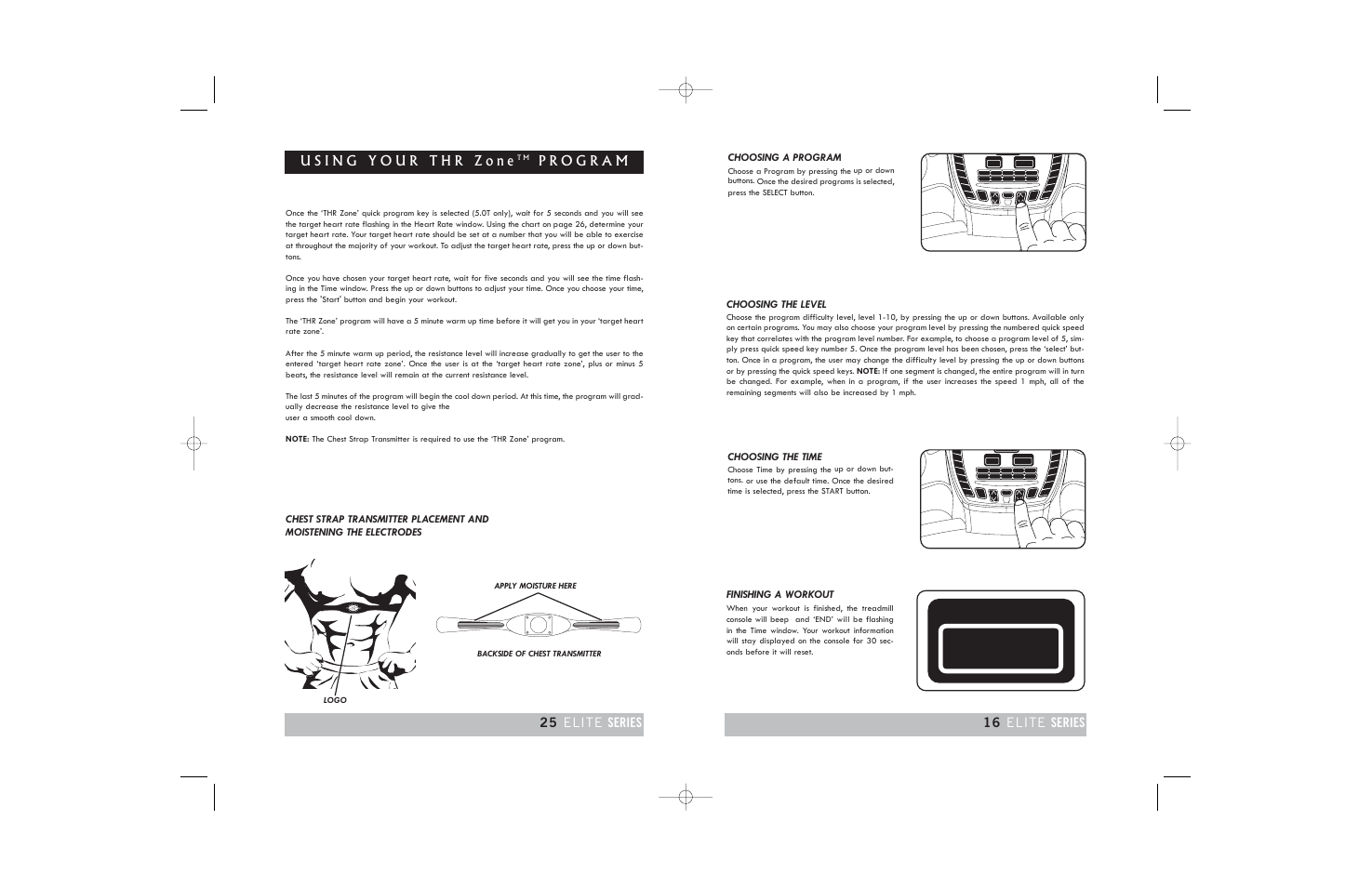 Choosing a program, Choosing the time, Finishing a workout | Time, Choosing the level | Horizon Fitness TREADMILL ELITE User Manual | Page 16 / 40