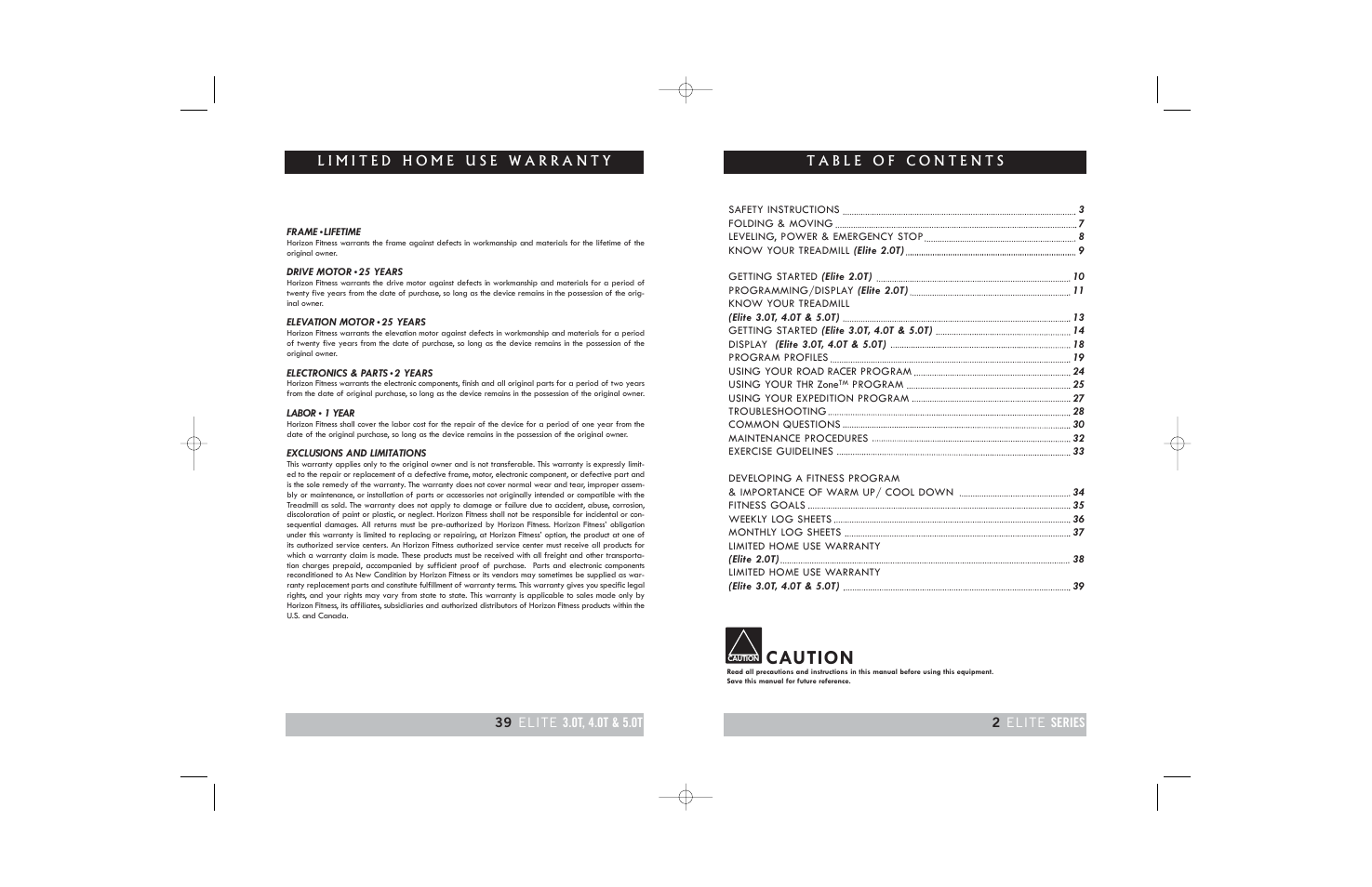 Caution, 2elite series | Horizon Fitness TREADMILL ELITE User Manual | Page 2 / 40