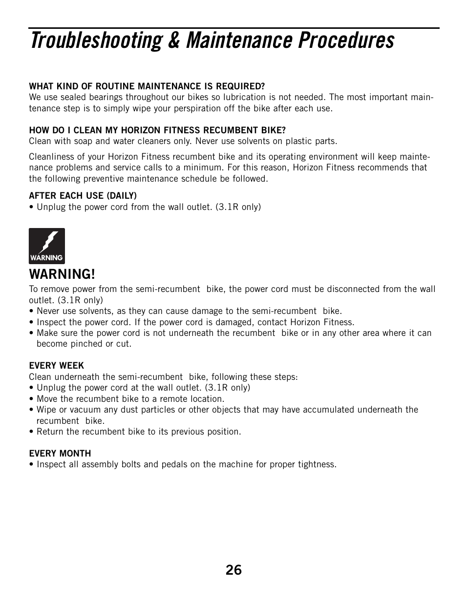 Troubleshooting & maintenance procedures, Warning | Horizon Fitness ELITE SERIES 3.1R User Manual | Page 26 / 40