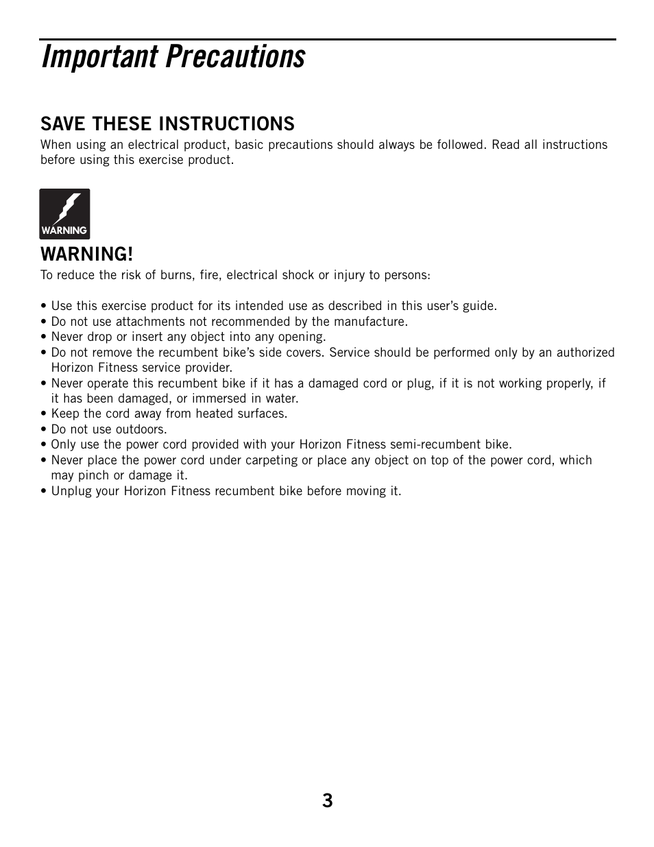 Important precautions, Save these instructions, Warning | Horizon Fitness ELITE SERIES 3.1R User Manual | Page 3 / 40