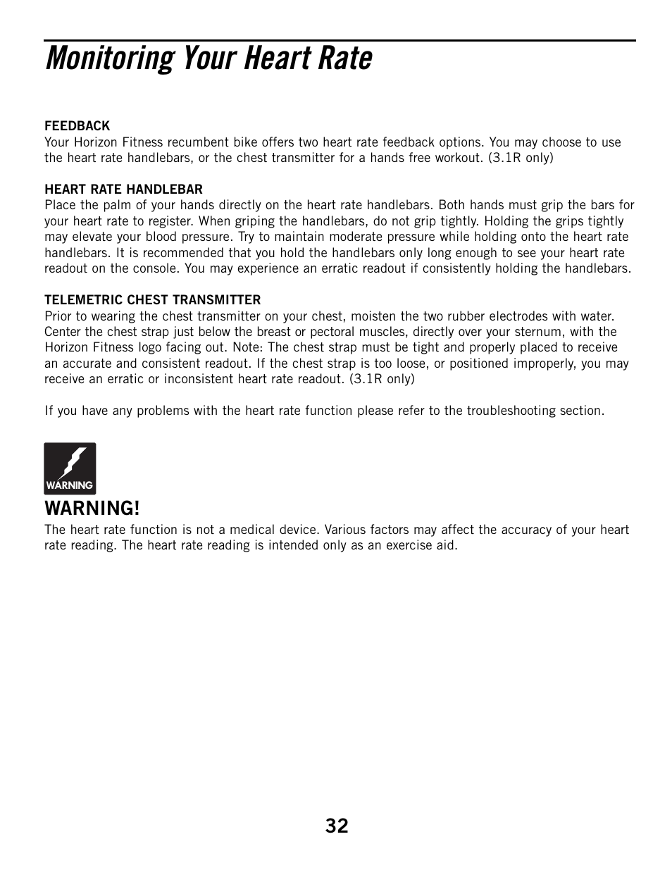 Monitoring your heart rate, Warning | Horizon Fitness ELITE SERIES 3.1R User Manual | Page 32 / 40