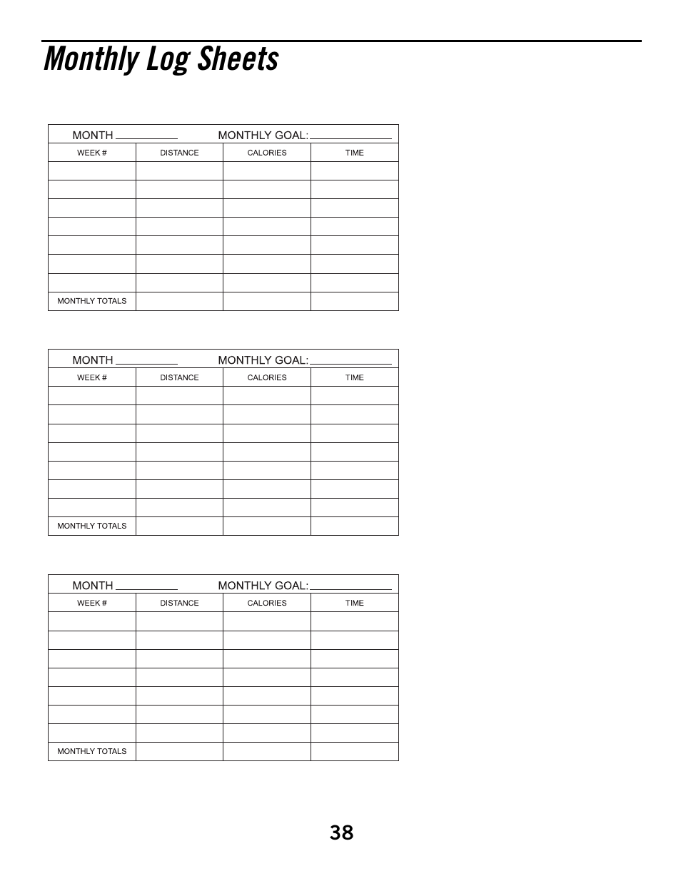 Monthly log sheets | Horizon Fitness ELITE SERIES 3.1R User Manual | Page 38 / 40