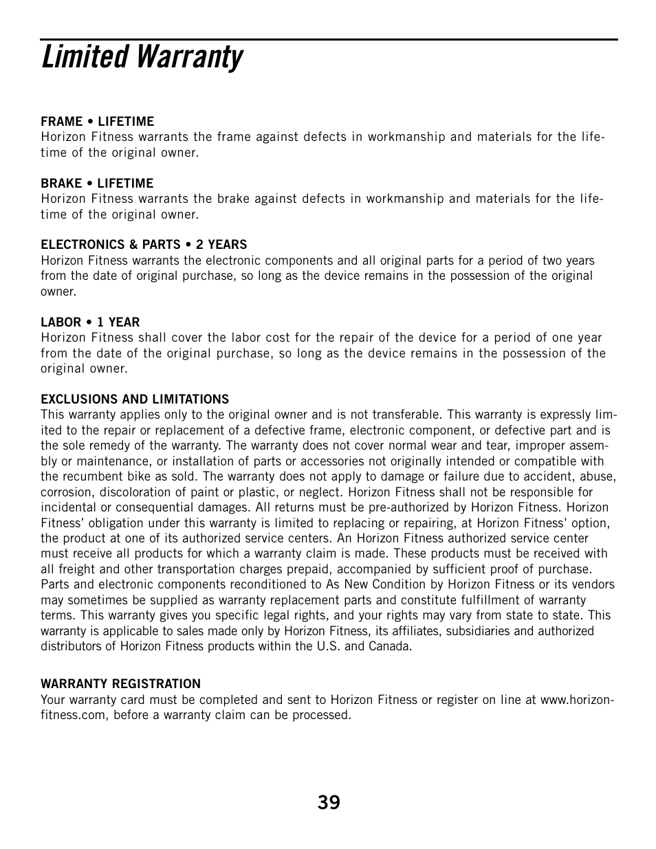 Limited warranty | Horizon Fitness ELITE SERIES 3.1R User Manual | Page 39 / 40
