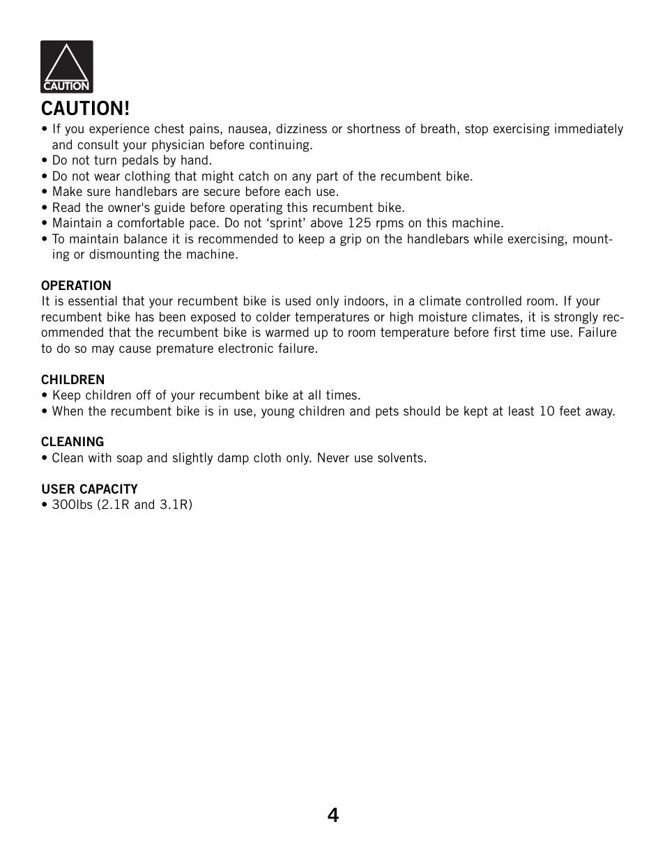 Caution | Horizon Fitness ELITE SERIES 3.1R User Manual | Page 4 / 40