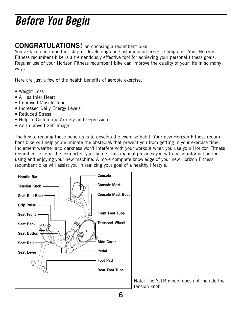 Before you begin | Horizon Fitness ELITE SERIES 3.1R User Manual | Page 6 / 40