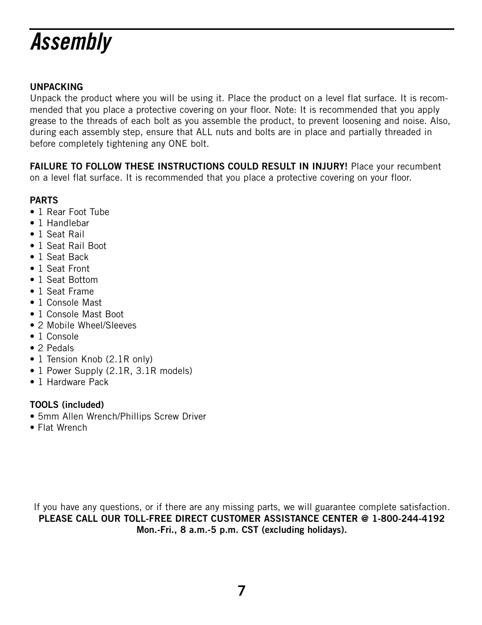 Assembly | Horizon Fitness ELITE SERIES 3.1R User Manual | Page 7 / 40