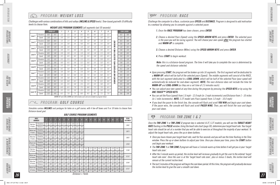 Program: race, Program: thr zone 1 & 2, Program: weight loss | Program: golf course, Before you begin, Golf course program segments, Distance = yards | Horizon Fitness ELITE SERIES 4.2T User Manual | Page 14 / 21