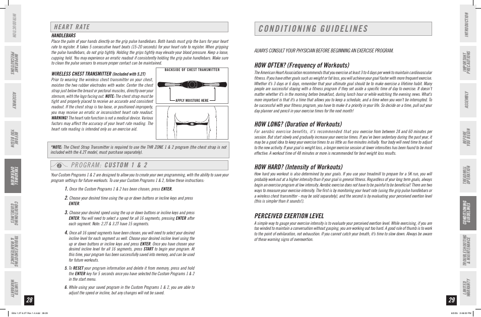 Conditioning guidelines, How often? (frequency of workouts), How long? (duration of workouts) | How hard? (intensity of workouts), Perceived exertion level, Program: custom 1 & 2, Heart rate | Horizon Fitness ELITE SERIES 4.2T User Manual | Page 15 / 21