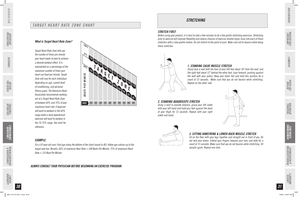 Stretching, Target heart rate zone chart | Horizon Fitness ELITE SERIES 4.2T User Manual | Page 16 / 21