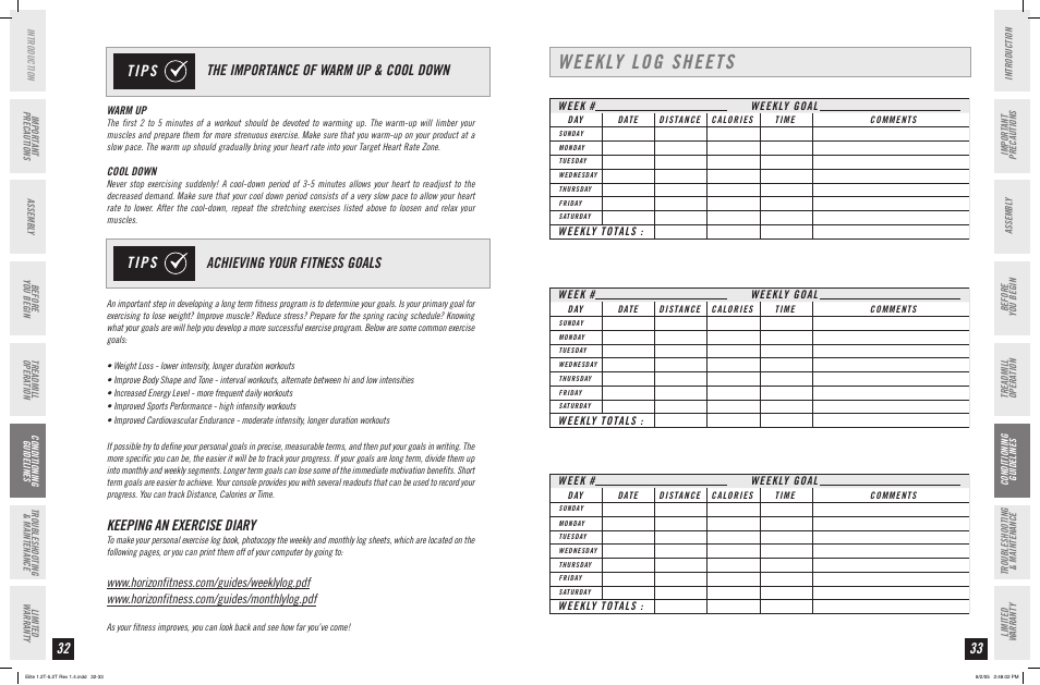 Weekly log sheets, Tips, Keeping an exercise diary | Horizon Fitness ELITE SERIES 4.2T User Manual | Page 17 / 21